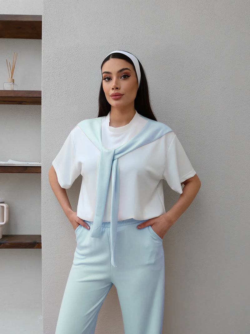 Women's Clothing Women's Faux Wrap Short Sleeve Top And Straight Leg Pants Set Patchwork White Round Neck Summer Fashion Casual Outfit_ecoleips.com
