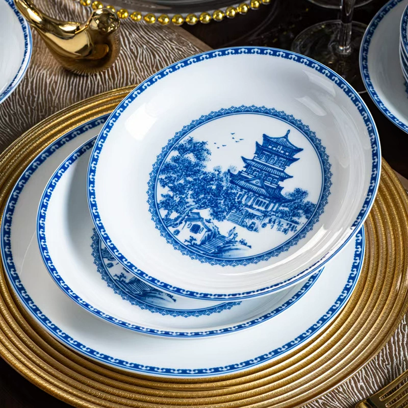 Городской шарм Jingdezhen фарфор. Длинный лужаоу павильон синий и белый фарфор посуда миски и ложки белый фарфор толстые пригодна для microwave обновитель подарочная упаковка