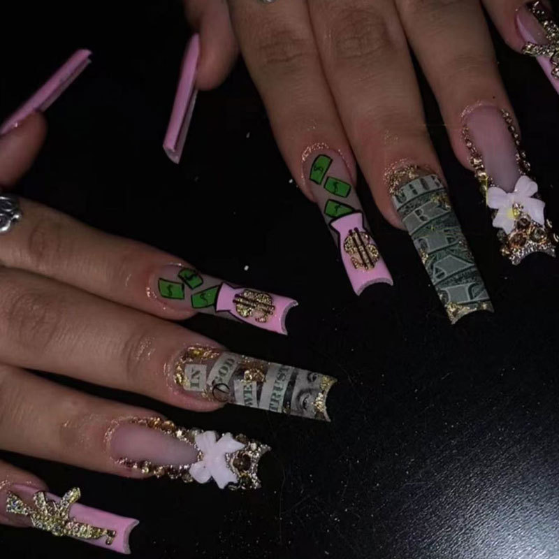 European and American Cross-Border Dollar Diamond-Wearing Nails Creative Personalized Handmade Nail Art Patches Ins Pink Flash Fake Nails