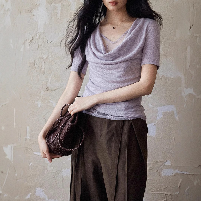 Er Yang [Ting Lan] フェイクツーピーススイングカラーレースニット半袖トップ女性用パープル気質ウエストTシャツ|undefined