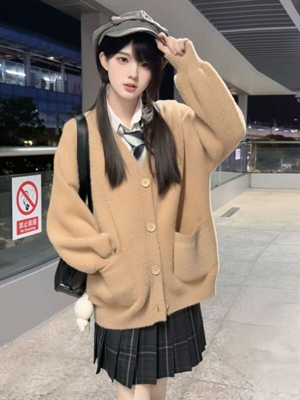 水貂绒开衫学院风毛茸茸减龄fufu春季宽松小个子针织毛衣jk外套女|undefined