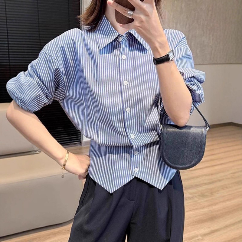 法式高级感条纹女士衬衫女装早秋季新款收腰上衣通勤职业衬衣爆款