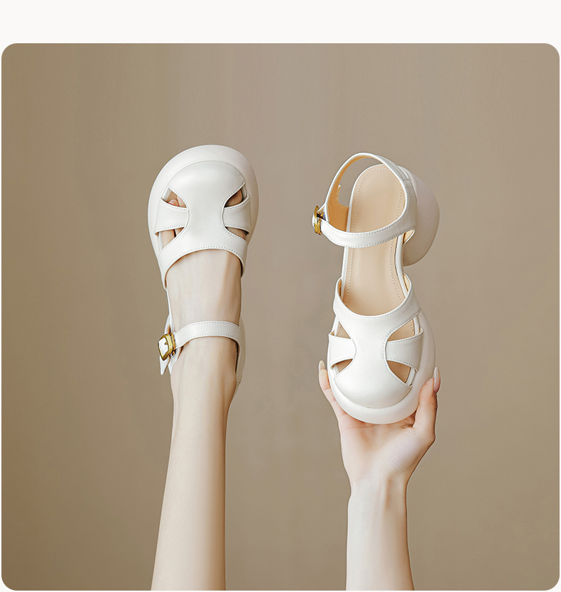 Sandal gót thô da cừu bít mũi phong cách La Mã đế dày quai ngang hở gót — Màu vàng ngỗng chi tiết 10
