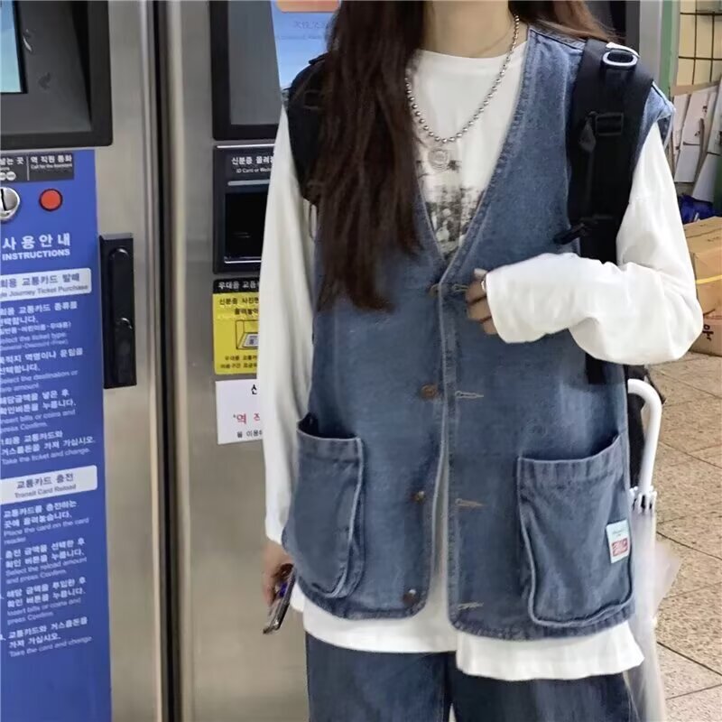 Workwear Denim Vest Coat Women's Spring and Autumn plus size chubby girl Vintage Thin Outer Wear Slimming BF Sleeveless Vest Top
