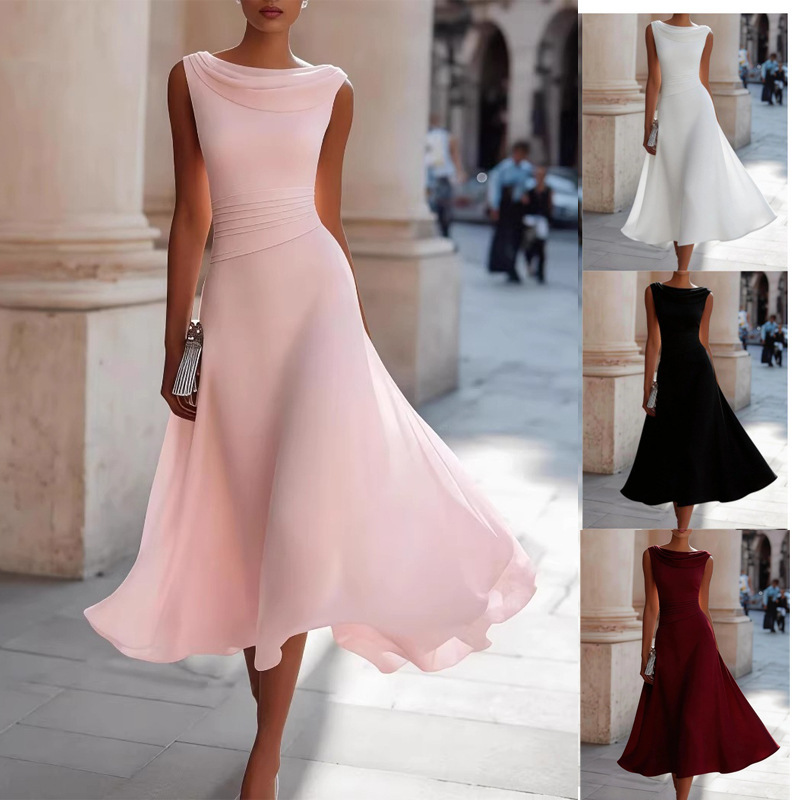 2026 European and American Foreign Trade Summer Swing-Neck Sleeveless Dress for Women, Waist-Cinching Slimming Mid-Length Gown with a Large Hem 2026 European and American Foreign Trade Summer Swing-Neck Sleeveless Dress for Women, Waist-Cinching Slimming Mid-Length Gown with a Large Hem