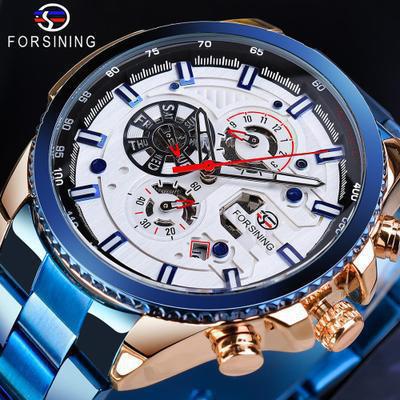 Una generación impermeable FORSINING tres ojos y seis agujas reloj mecánico automático para hombre reloj para hombre reloj con correa de acero