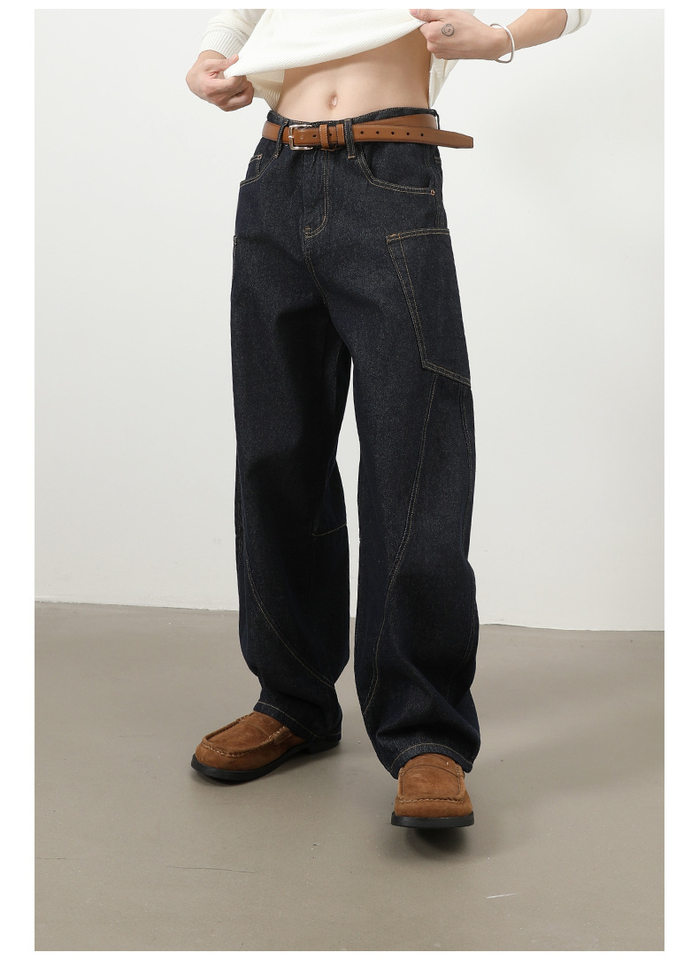 Quần jean nam ống rộng phong cách đường phố retro, nhiều túi hộp, dáng lỏng lẻo — Denim đen, Trắng, màu hồng, màu xanh chi tiết 7
