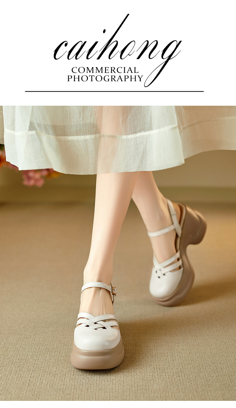 Sandal nữ quai chữ V đế bánh xốp dày dệt lồng phong cách La Mã — màu trắng ngà chi tiết 1