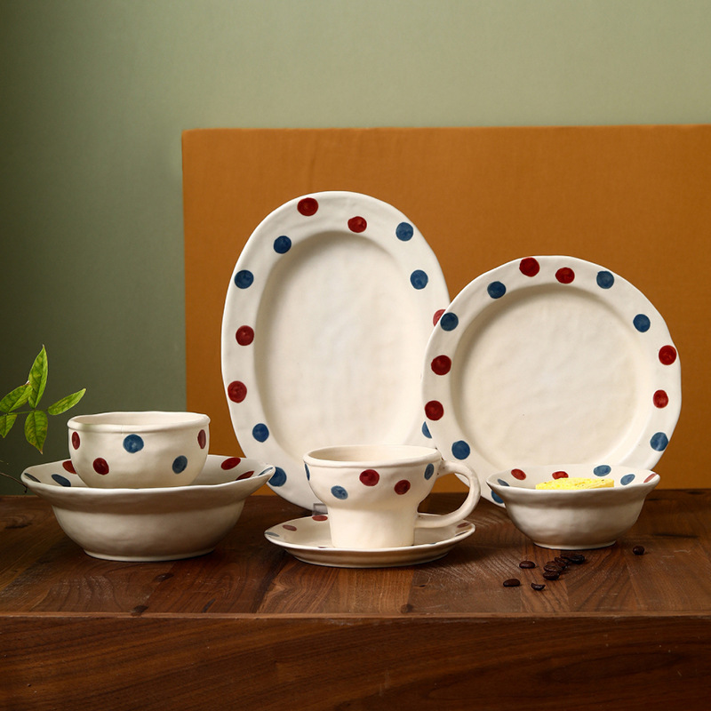 Japanese-Style Vintage Rustic Pottery Niche Design Hand-Painted Matte Polka Dot Ceramic One-Person Dining Set Underglaze Color Japanese-Style Vintage Rustic Pottery Niche Design Hand-Painted Matte Polka Dot Ceramic One-Person Dining Set Underglaze Color