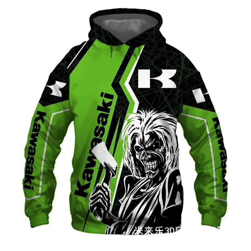 3D Printing Kawasaki Men's Sweatshirt Motorcycle Skull Pattern Running Hoodie Fashion Sports Pullover No