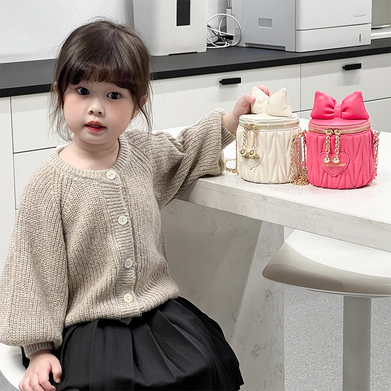 Mini Bolso pequeño bolso de los niños nuevas niñas arco rombo cadena plisada estilo coreano cubo niño pequeño bolsa