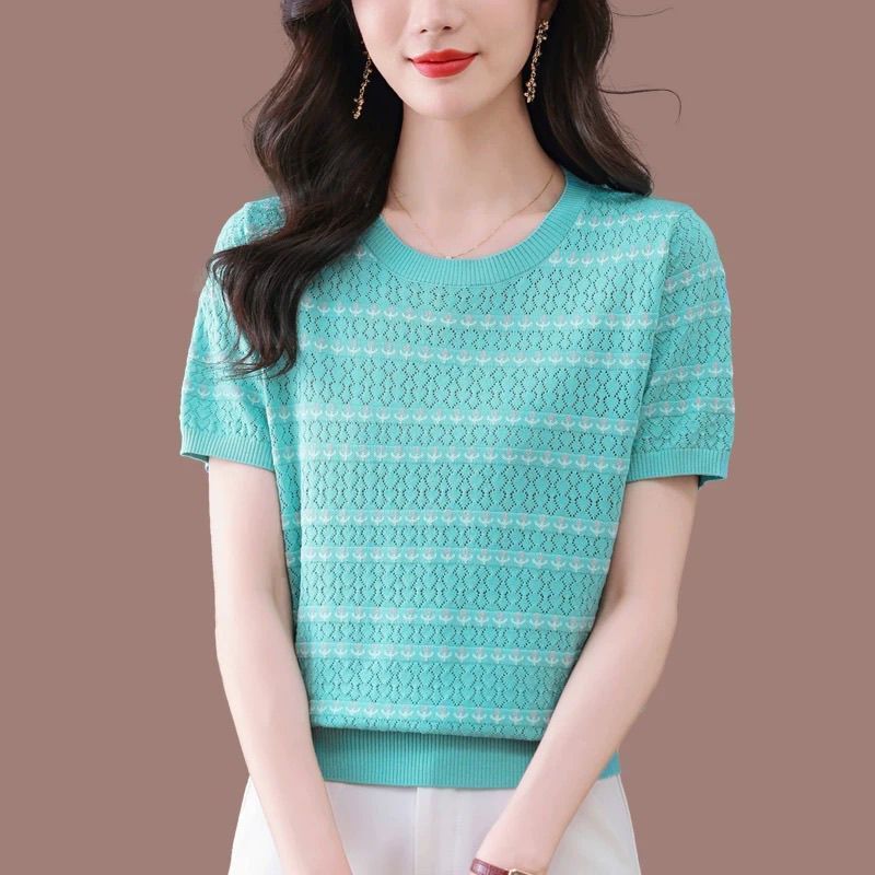 2025 新しい半袖 Tシャツルーズ痩身西洋スタイルママシャツ女性の夏のストライプジャカードアイスシルクセーター|undefined