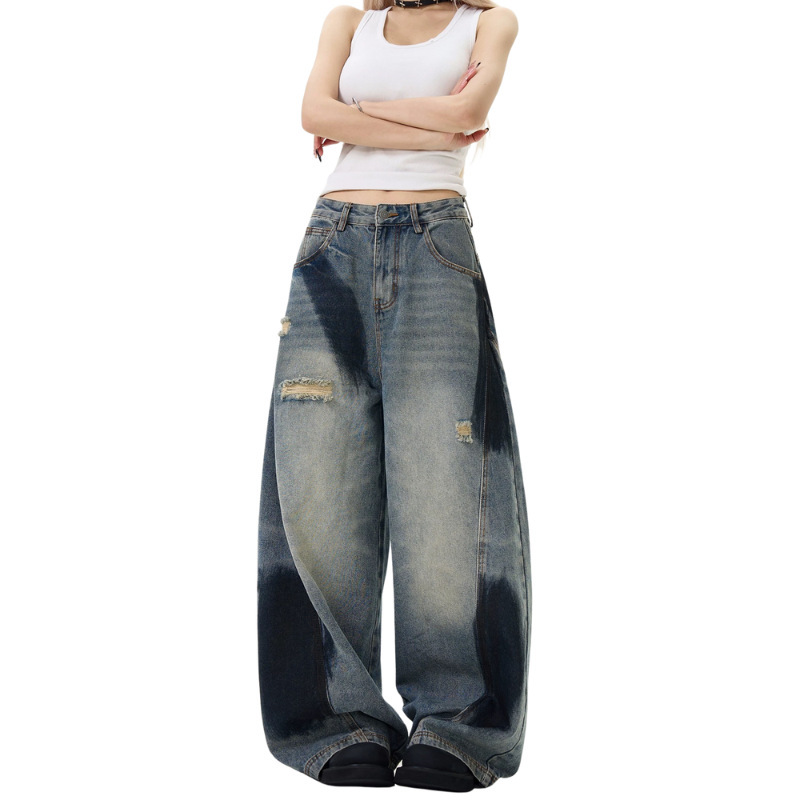 Denim Factory Custom Oem/Odm Wide-Leg Patchwork Deconstructed Ripped Spray-Painted Distressed Denim Loose Drape Long Pants Denim Factory Custom Oem/Odm Wide-Leg Patchwork Deconstructed Ripped Spray-Painted Distressed Denim Loose Drape Long Pants