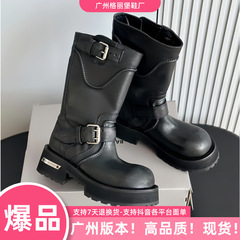 巴黎毒液马丁靴水洗牛皮机车短靴女复古街头暗黑风增高厚底中筒靴