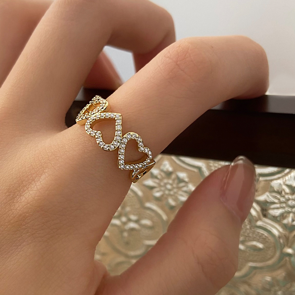 Daily Occasion Sweet Heart Shape Copper Plating Hollow Out Inlay Zircon Open Rings 1 Piece