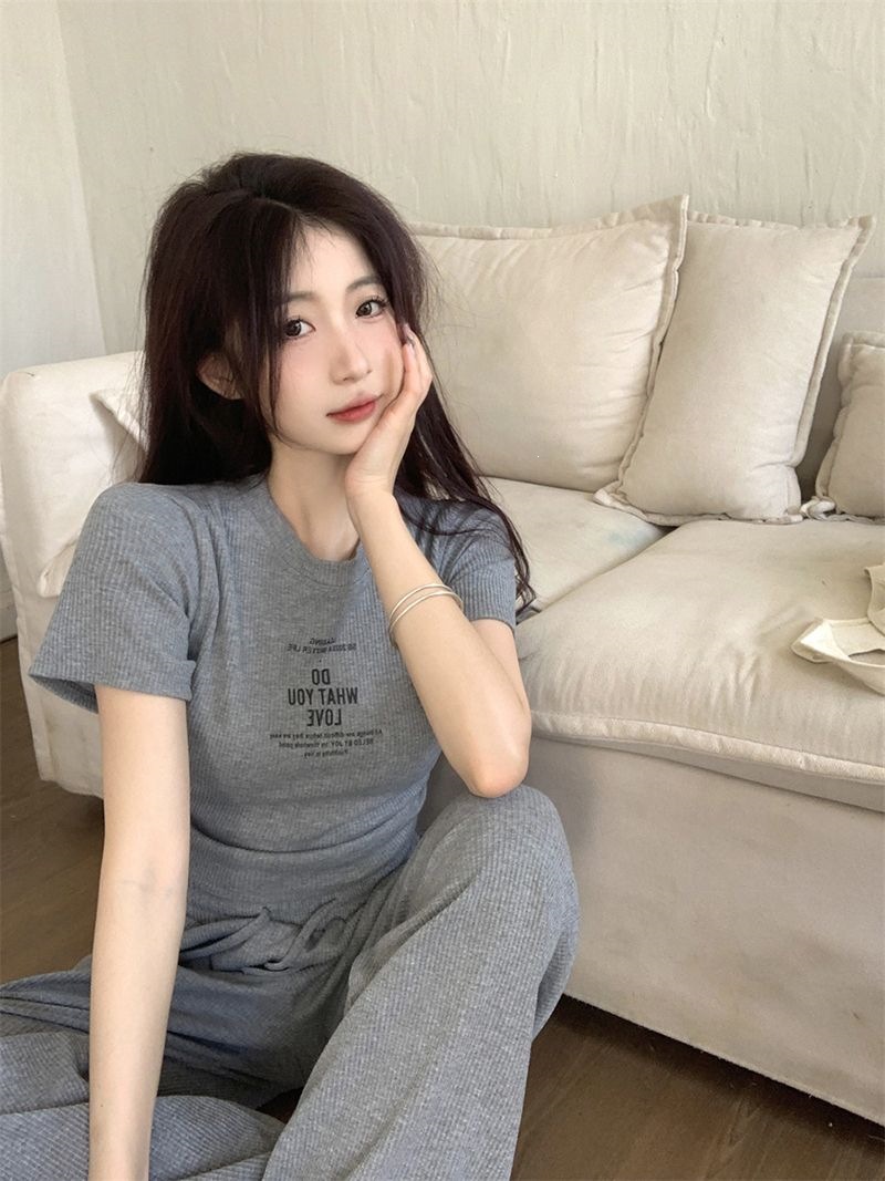 Women's Clothing Style Women's Two Piece Set Casual Gray Summer Top And Wide Leg Trousers Drawstring Tie Short Sleeved Outfit_ecoleips.com