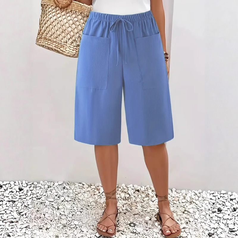 Summer New European and American Cross-Border Women's Casual Solid Color Shorts Suitable for All Seasons with Faux Rope Buckle and Large Pocket Straight Leg Summer New European and American Cross-Border Women's Casual Solid Color Shorts Suitable for All Seasons with Faux Rope Buckle and Large Pocket Straight Leg