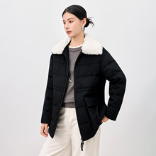 翻领毛领鹅绒服女25冬季新款简约日常保暖纯色设计感羊毛外套8516