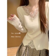 一件代发春秋冬季高级感V领蕾丝针织衫小个子显瘦打底毛衣上衣女