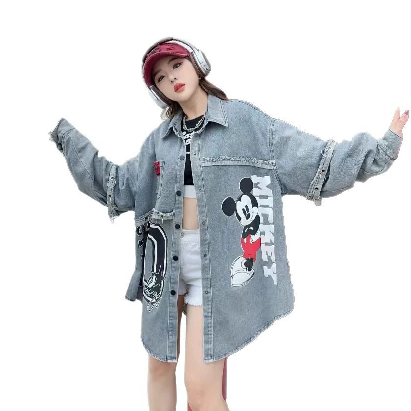 Spring cartoon shirt for leisure, long-sleeve, jacket, Korean style, with embroidery