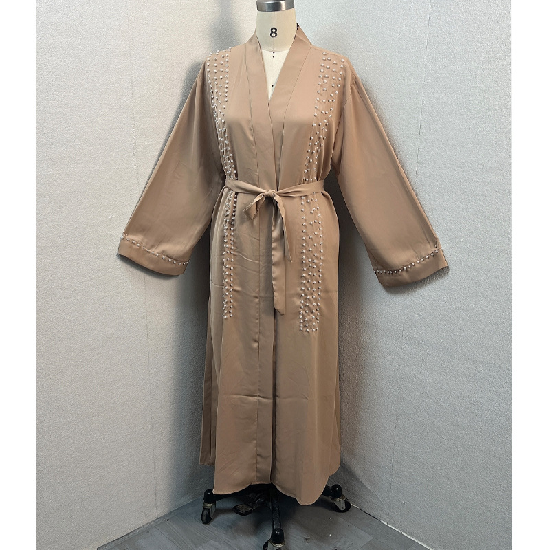 F326 Cross-Border Foreign Trade Middle Eastern Women's Long Dress, Dubai Pearl Embellished Elegant Cardigan Robe,_ecoleips.com