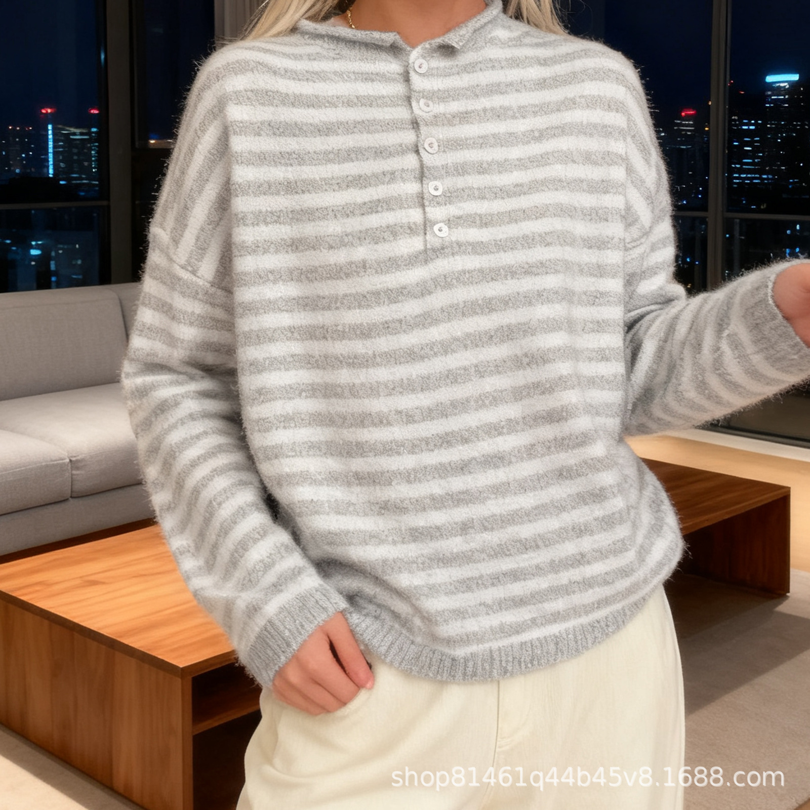 秋冬新款条纹POLO领毛衣女宽松针织衫跨境休闲上衣