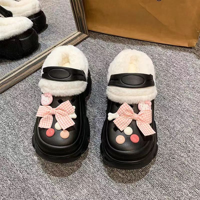 可爱卡通洞洞鞋女2025年冬季加绒保暖厚底防滑可拆卸外穿增高棉鞋|undefined