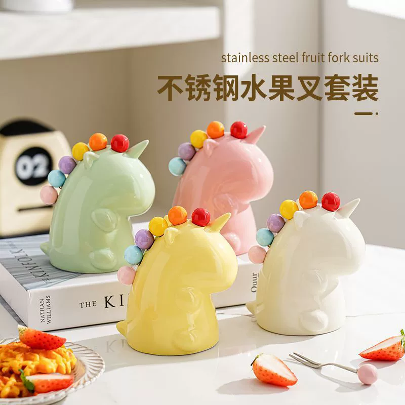 Милая вилка для фруктов с единорогом, банка для хранения, красочный набор вилок, бытовая красивая детская десертная вилка из нержавеющей стали