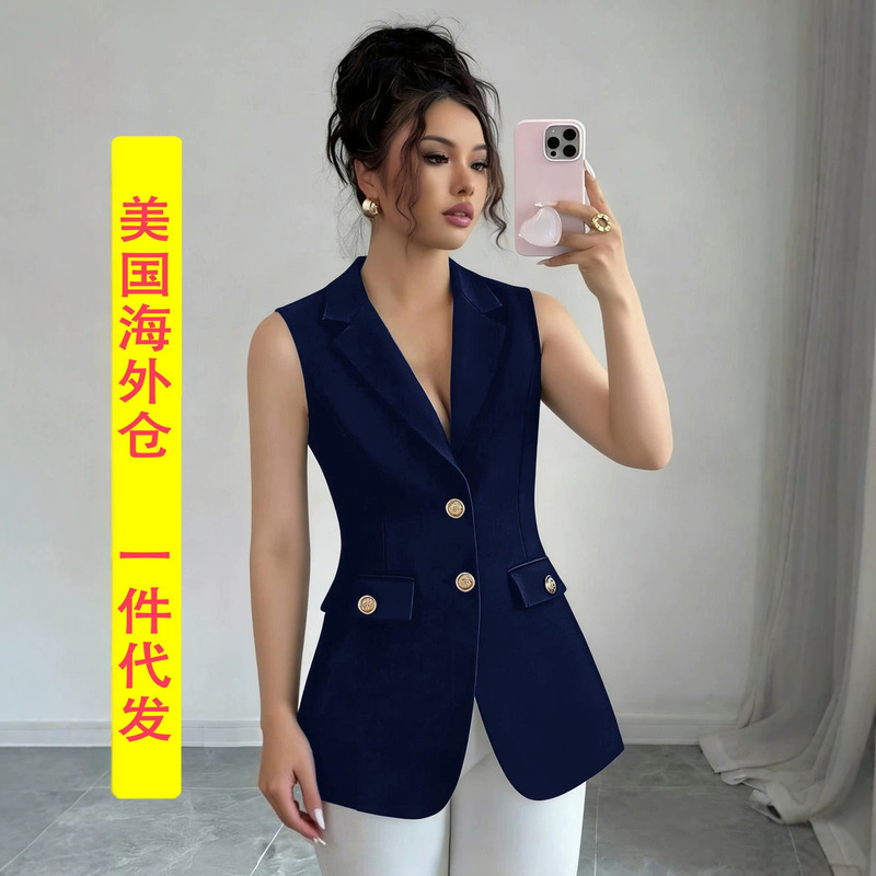 European and American Women's Fashion Spring New Slim-Fit Sleeveless V-Neck Blazer Vest in Navy Blue, Simple Style, Overseas Warehouse