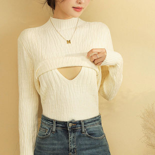 Real shot in stock autumn and winter thickened warm nursing sweater postpartum hot mom half turtleneck skin-friendly nursing bottoming top