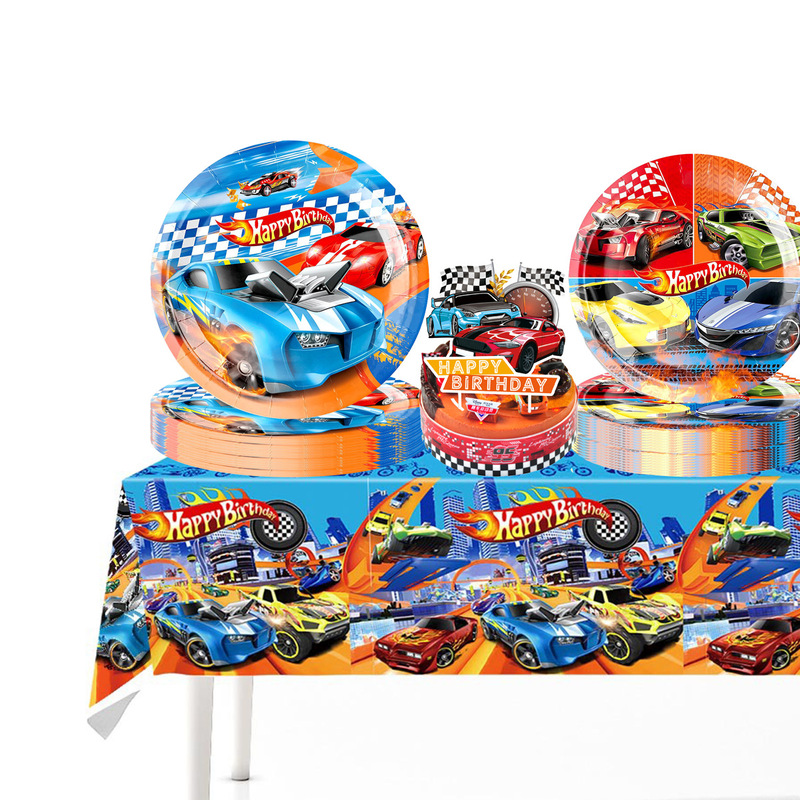 Cross-Border Hot Selling Racing Theme Birthday Party Supplies Hot Wheels Tableware Disposable Paper Plates Paper Cups Tablecloths Banners