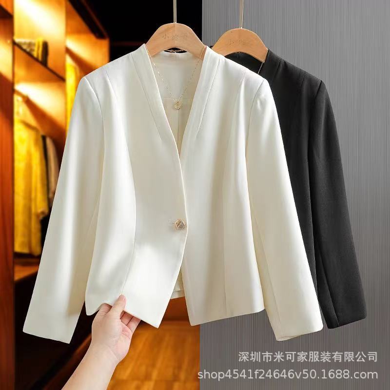 Acetate Blazer for Women, Single Button V-Neck Versatile Long-Sleeve Matte Casual Blazer, Elegant Slim-Fit Top