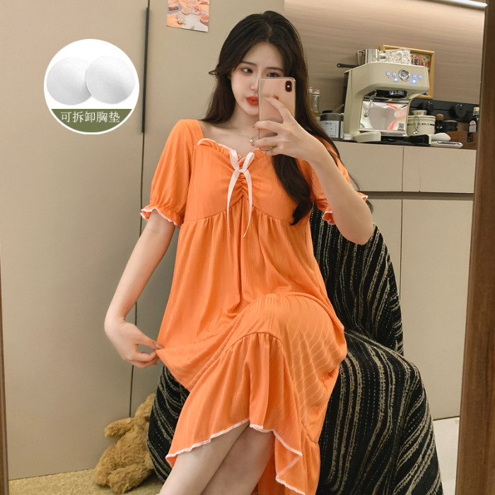 Fábrica directa de verano vestido de pijama de mujer sobre rodillas dopamina de color sólido plegado pozo cómodo vestido de hogar vestido largo cojín de pecho