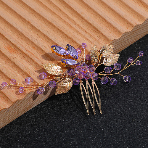 European and American cross-border alloy water drill hair comb handmade gold leaf hair comb ancient Chinese Hanfu hair accessory crystal bride headpiece