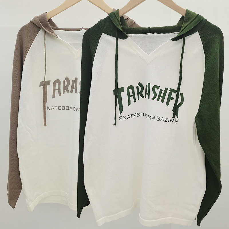 撞色拼接連帽針織衫女秋冬季薄款毛衣慵懶風寬松韓版外穿衛衣上衣