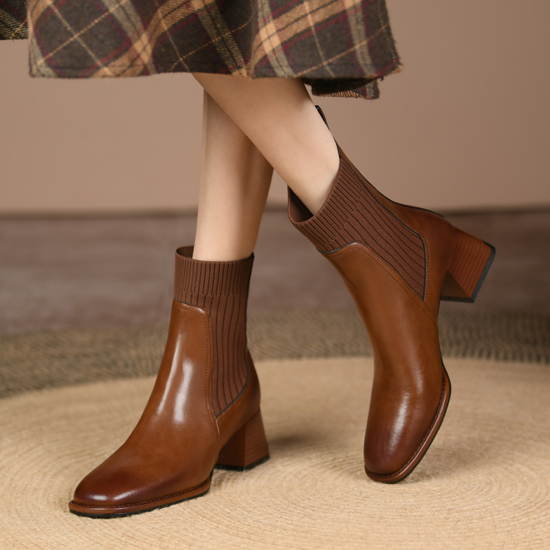 Socks Boots Retro Square Head Thick Heel Ankle Boots 2023 Winter New Women's Boots Wool Mid Heel Boots Fashion Chelsea Boots