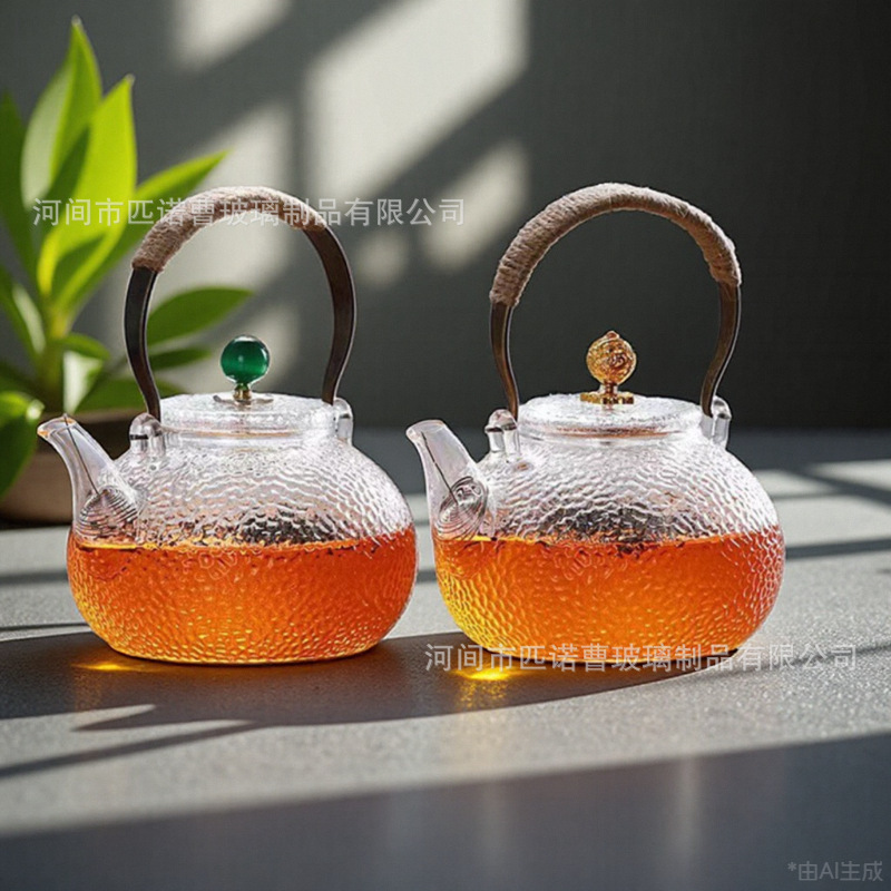 High borosilicate glass teapot high temperature explosion-proof hammer pattern transparent household tea maker copper handle handle handle beam pot tea set wholesale