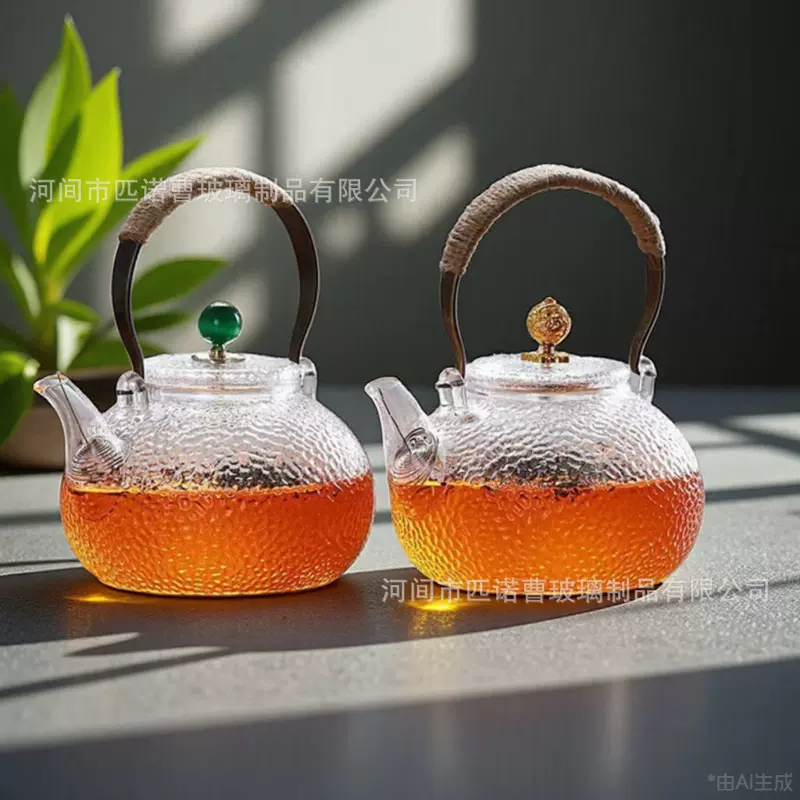 高硼硅玻璃茶壶耐高温防爆锤纹透明家用煮茶器铜把提梁壶茶具批发