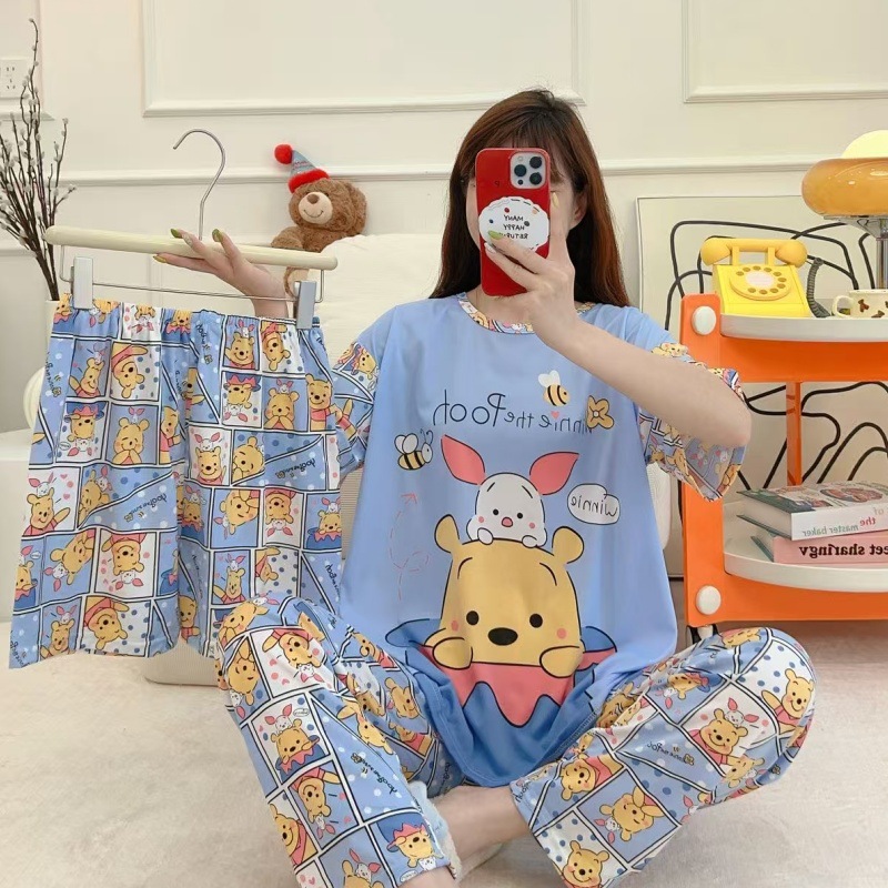 Pijamas de verano transfronterizos pijamas de leche de seda de tres piezas set de dibujos animados comercio exterior ropa para el hogar pantalones de mangas cortas lindos