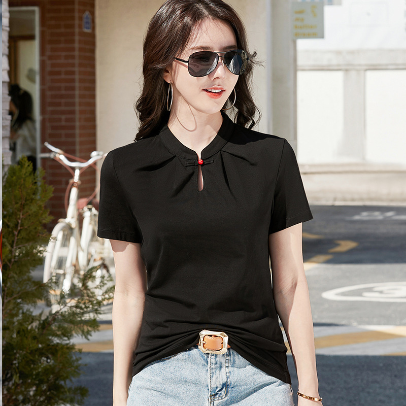 New Chinese Style Short-sleeved Women's T-shirt with stand collar and red gem buckle simple fashion elegant combed cotton Korean slim fit