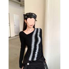 复古辣妹不规则斜领抽皱印花修身显瘦磨毛内搭打底衫上衣
