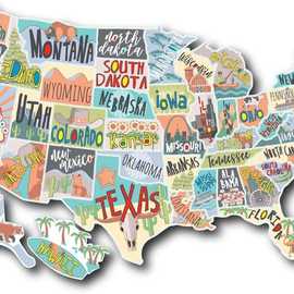 -美国旅行贴纸套装和地图白色背景和州贴纸-用于公路旅行、探险、