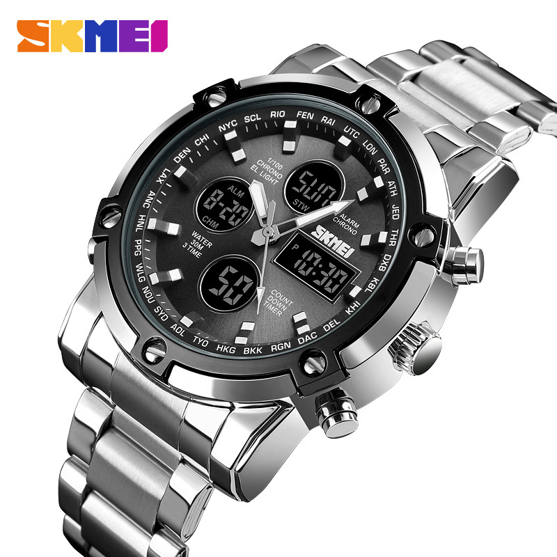 SKMEI multi-funcional correa de acero impermeable reloj de los hombres de doble sincronización luminosa deportes reloj electrónico 1389