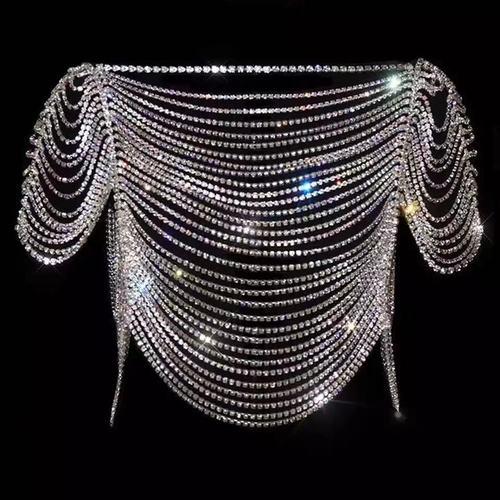 Women stage performance jazz dance bling body chain singers concert rehearsal diamond shoulder cape chain rhinestone bikini breast chain