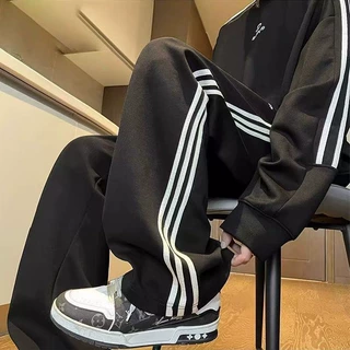 春秋潮流简约三条杠运动卫裤男女美式高街宽松直筒裤慵懒休闲长裤
