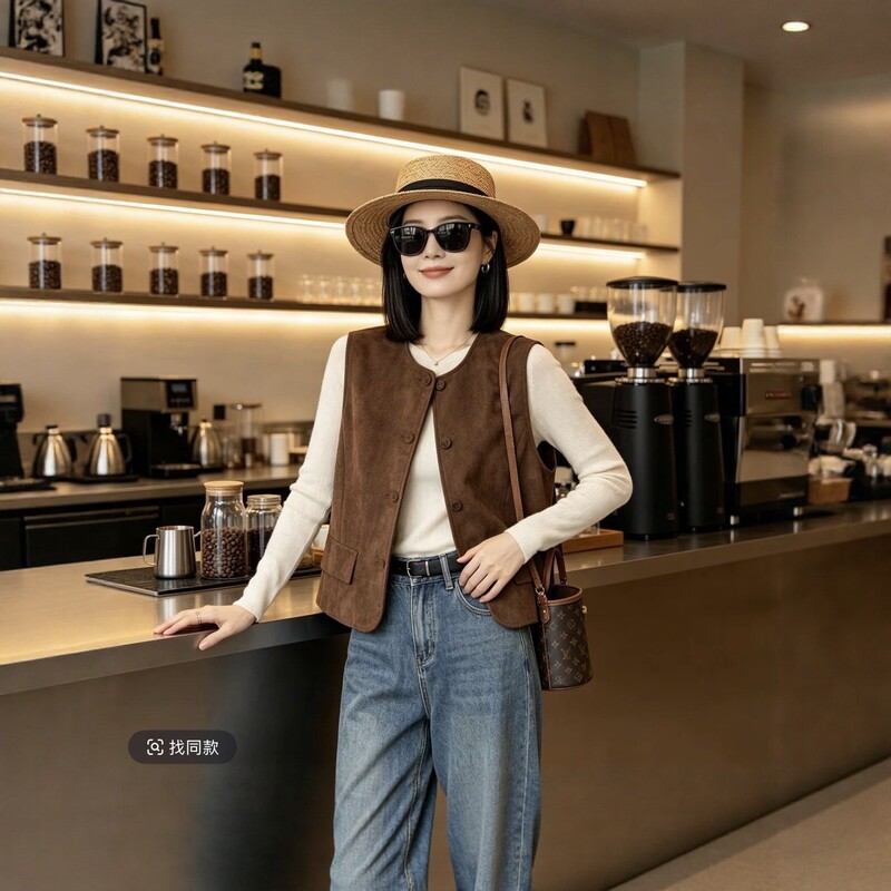 26 Autumn New Collection: Women's Melange Faux Suede Vest, Round Neck, Sleeveless, Vintage Style, High-End Feel, Korean Style
