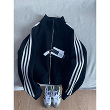 清仓捡漏～专柜撤回深蓝色三条杠立领卫衣女百搭棒球服开衫外套