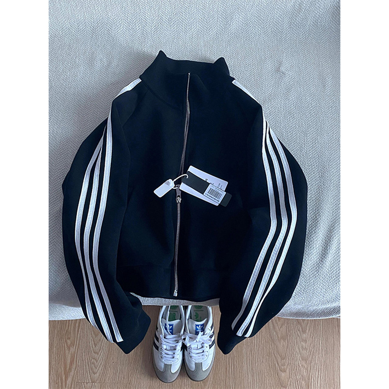 Clearance Sale ~ Counter Withdrawal Dark Blue Three-Stripe Stand Collar Sweatshirt Women's Versatile Baseball Jacket Cardigan Coat