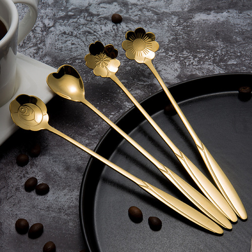 Stainless steel spoon, home-use golden cherry blossom spoon, dessert spoon, creative coffee stirrer spoon, wedding favor, small spoon
