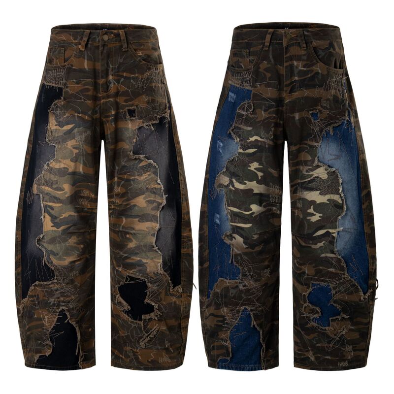 Men's camouflage distressed patchwork wide-leg jeans, vintage ripped and frayed, American high street, wasteland style, trendy pants